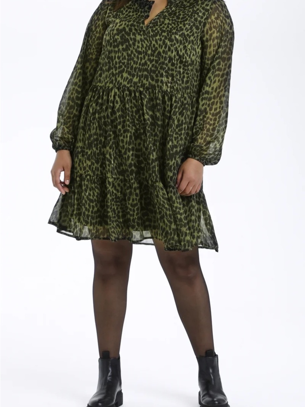 Kaffe Curve Day Green Leopard Print Tiered Dress